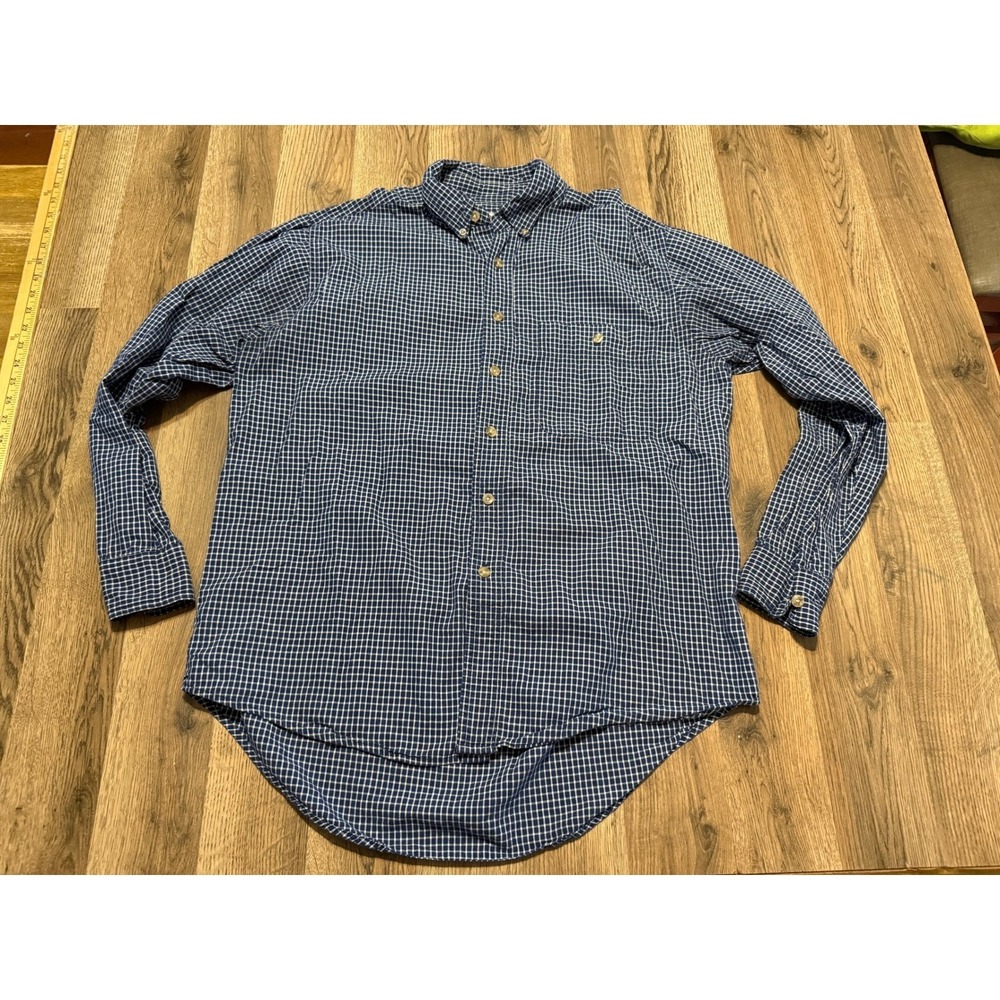 Wrangler Rugged Wear Men XL Blue White Plaid Button Down Shirt Outdoors